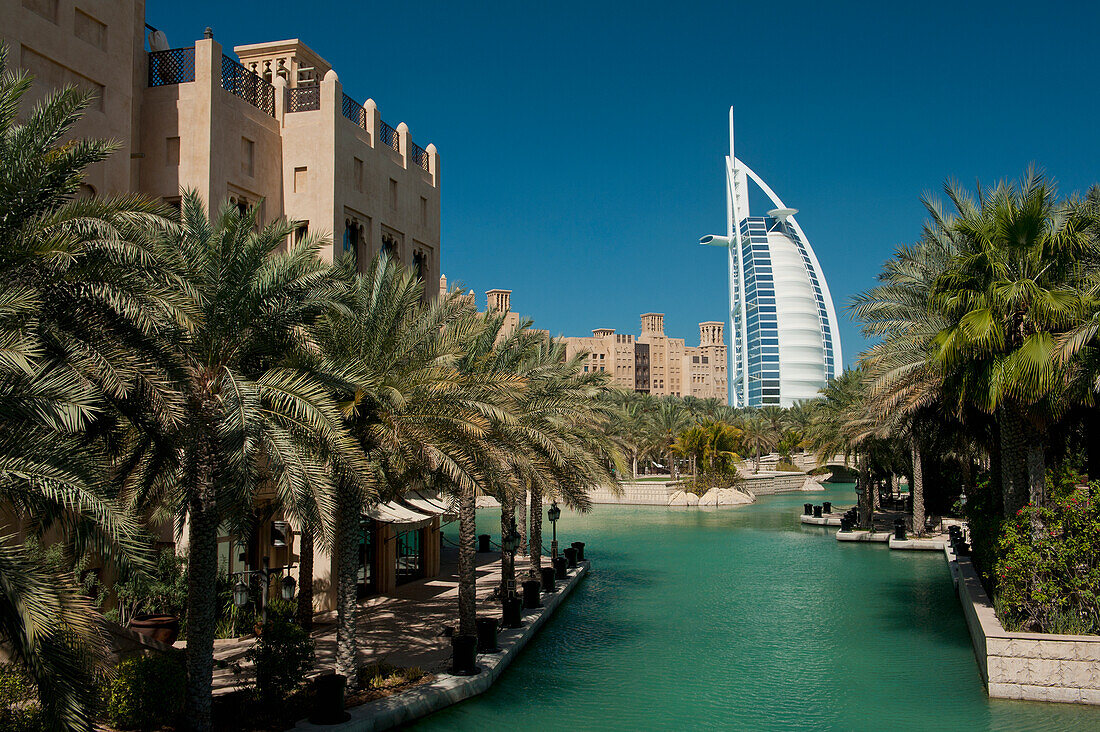 UAE, Madinat Jumeirah Hotel with the Burj Al Arab Hotel behind; Dubai