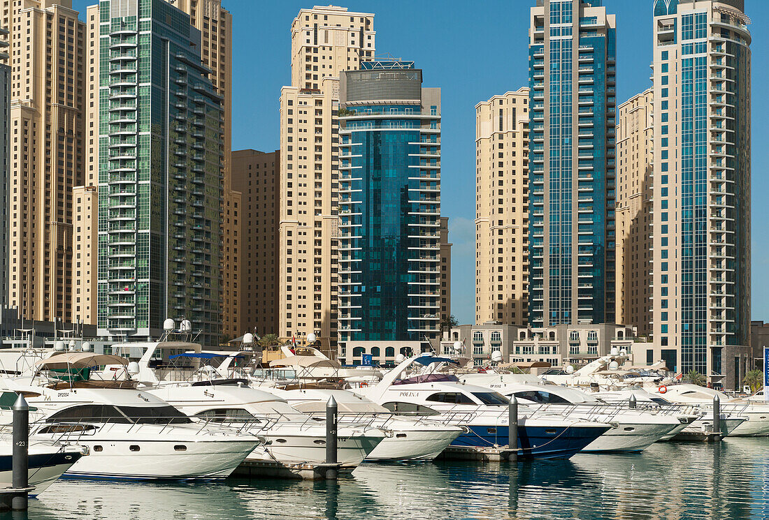 Dubai Marina, Dubai, Uae.Boats And Residential Flats In The Dubai Marina
