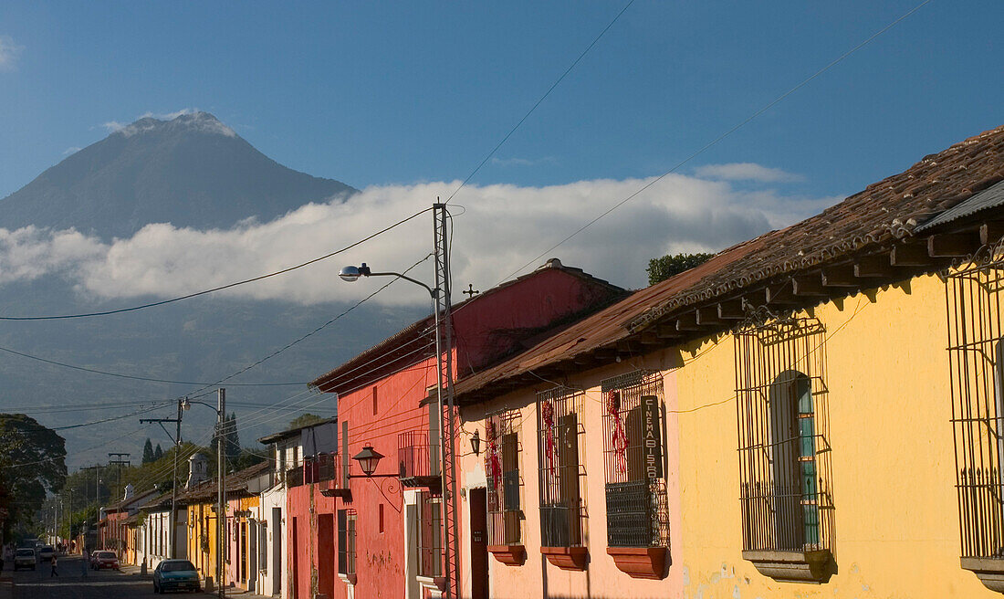 City Street And Agua Volcano Antigua Guatemala