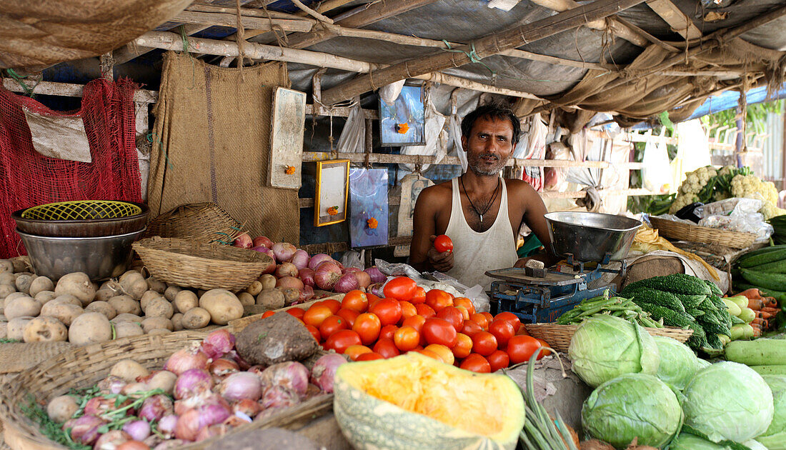 Verkäuferin verkauft Produkte auf dem Stadtmarkt; Mumbai, Indien