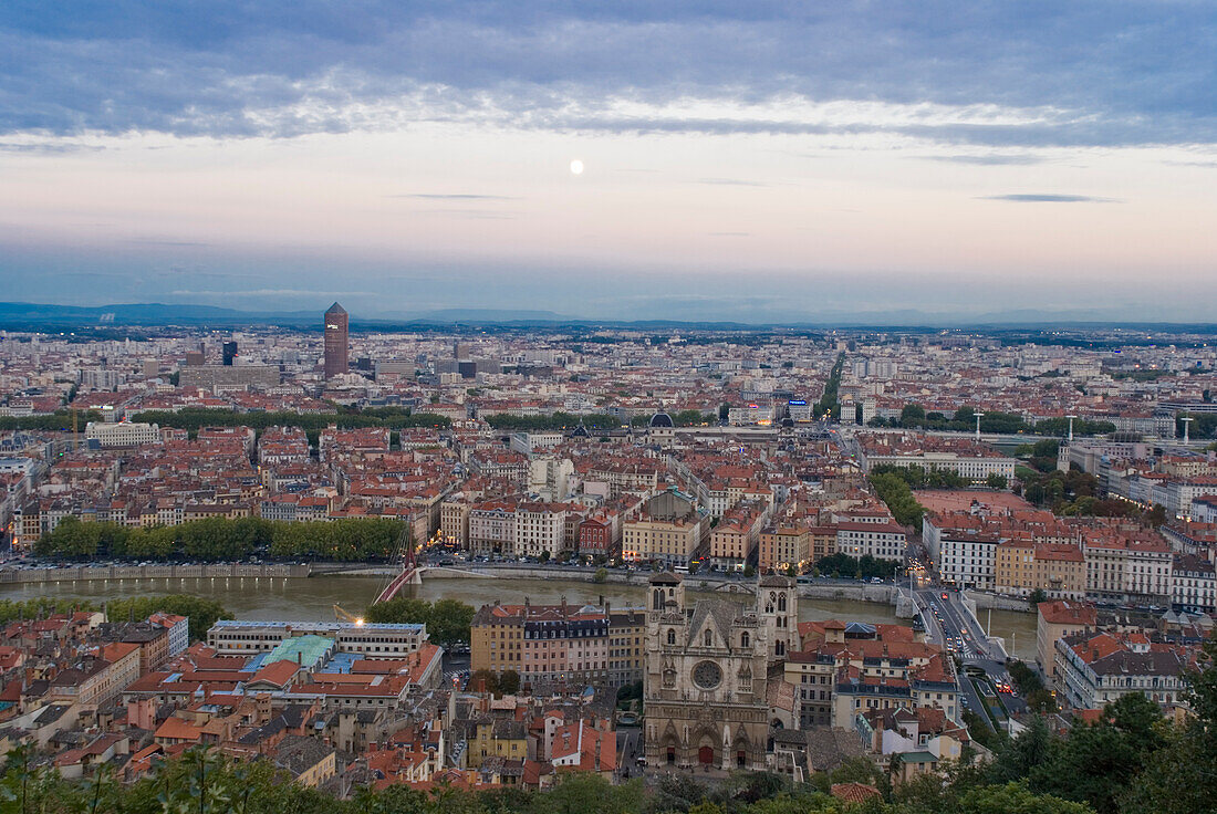 Europe, France, Rhone, Lyons Cityscape And Cathedral St Jean