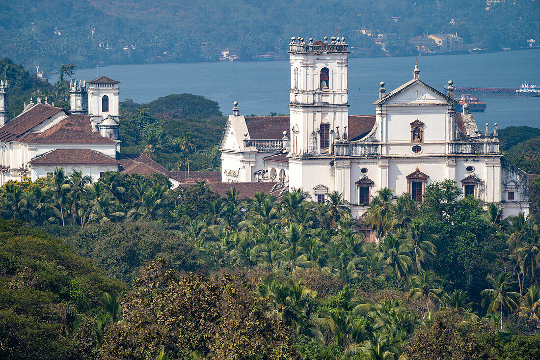 Se Cathedral and Church of St Cajetan in Velha Goa along the Mandovi River; Old Goa, Goa, India