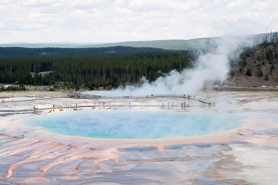 Tourists walk a boardwalk as steam rises above the vivid colors and deposits of Grand Prismatic Spring.; Yellowstone National Park, Wyoming, United States of America
