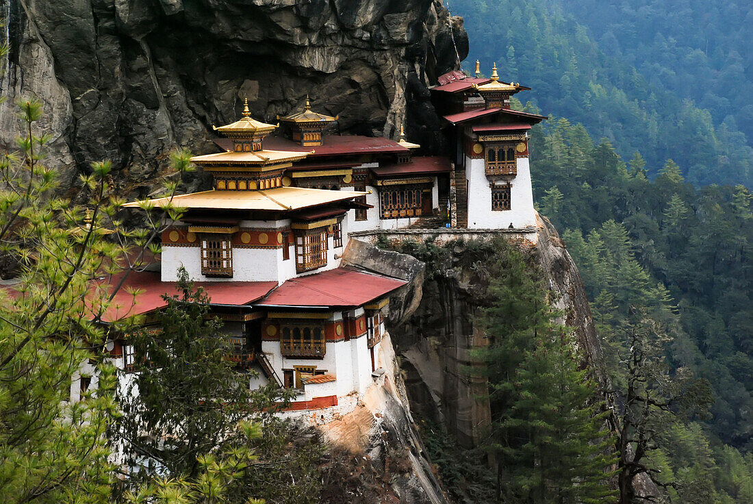 Taktsang Lhakhang, bekannt als das Tigernest, ist ein Kloster, das sich an eine vertikale Granitklippe klammert; Paro, Bhutan