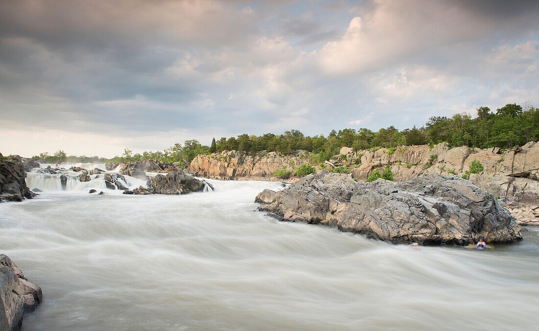 The Potomac River surges through a rocky gorge at Great Falls.