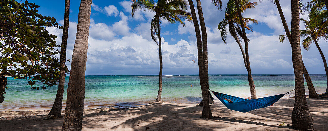 Türkisfarbenes Wasser der Karibik mit weißen, bauschigen Wolken am blauen Himmel und einer blauen Hängematte zwischen den Kokosnusspalmen am Caravelle Beach, Sainte-Anne auf Grande-Terre; Guadeloupe, Französisch-Westindien