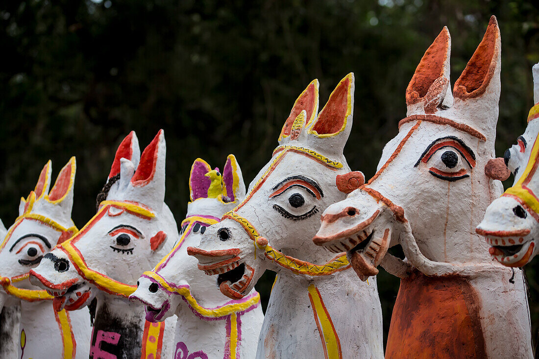 Close-up of the painted, terracotta horse statues at the Sri Solai Andavar Temple in Kothari, Chetinadu Region, Tamil Nadu, India