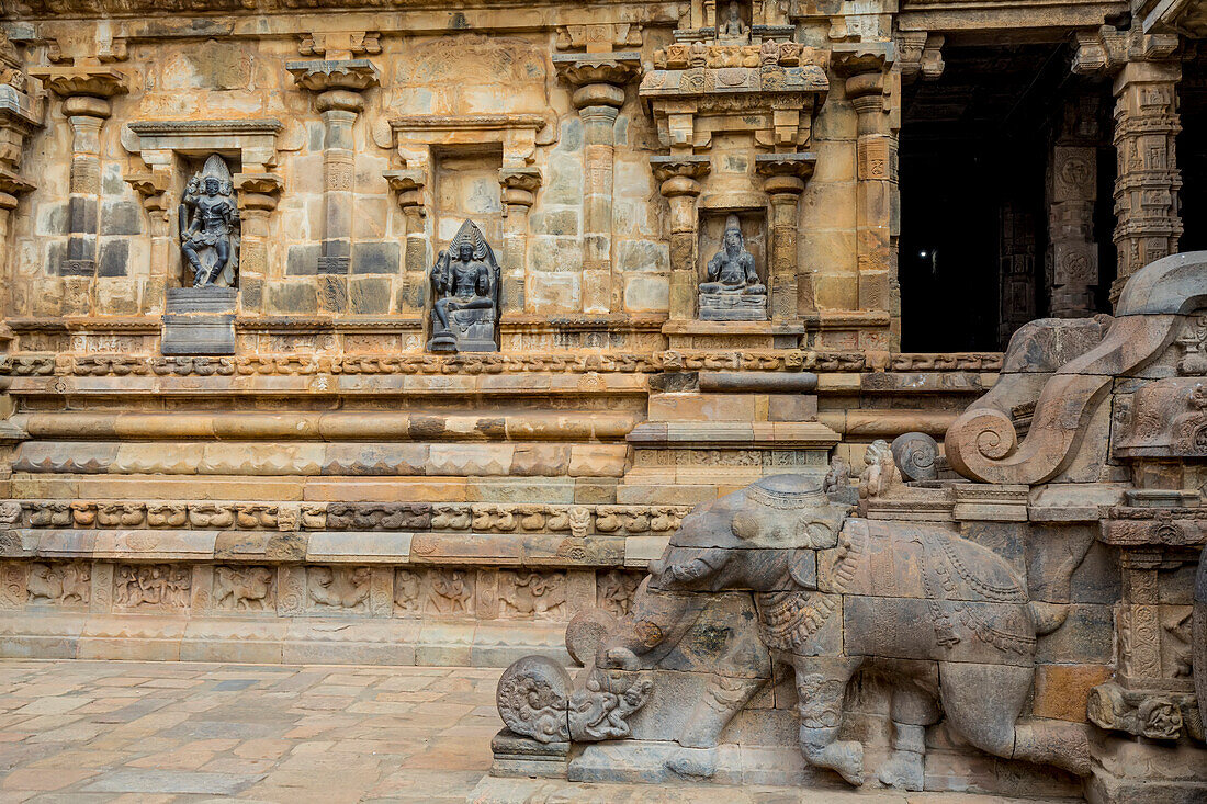 Drei Nischen mit Hindu-Gottheiten in einer Wand und geschnitzter Elefantentreppe im Airavatesvara-Tempel aus der dravidischen Chola-Zeit; Darasuram, Tamil Nadu, Indien