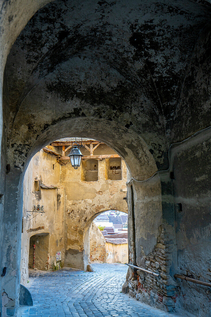View through the gateway arch to the Citadel and Old Town of Sighisoara; Sighisoara, Transylvania, Romania