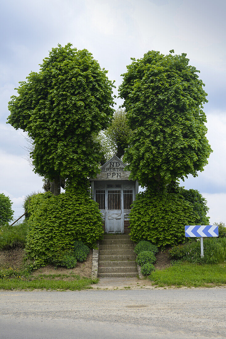 Steps leading to small chapel surrounded by chestnut trees with a blue and white chevron sign on a road near Arras; Northern France, France