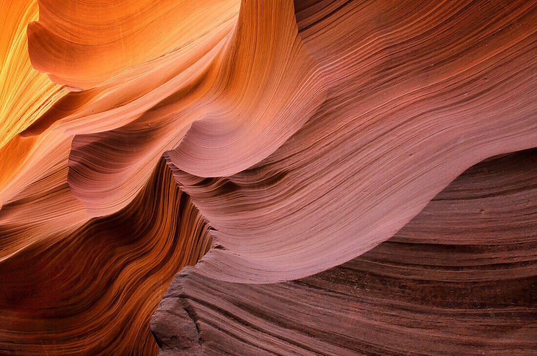 Erosion of sandstone rock creates wavy patterns in a slot canyon; Antelope Canyon, Arizona, United States of America