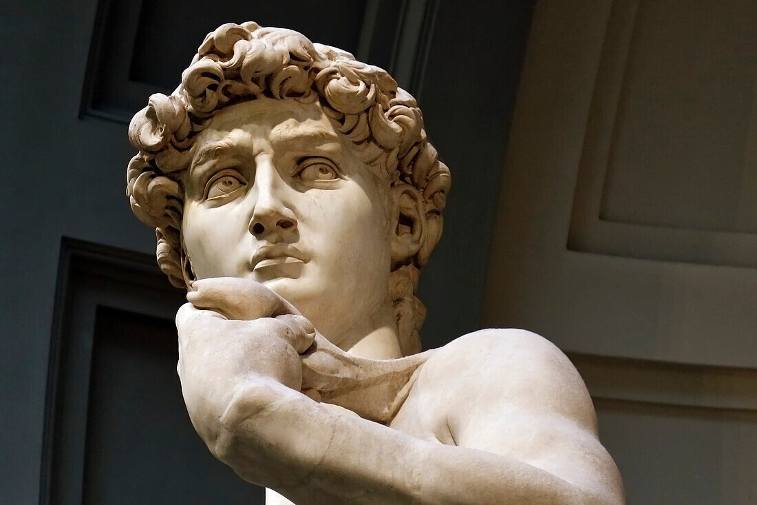 Nahaufnahme des Gesichts der berühmten David-Statue von Michelangelo in der Accademia-Galerie in Florenz; Florenz, Toskana Italien