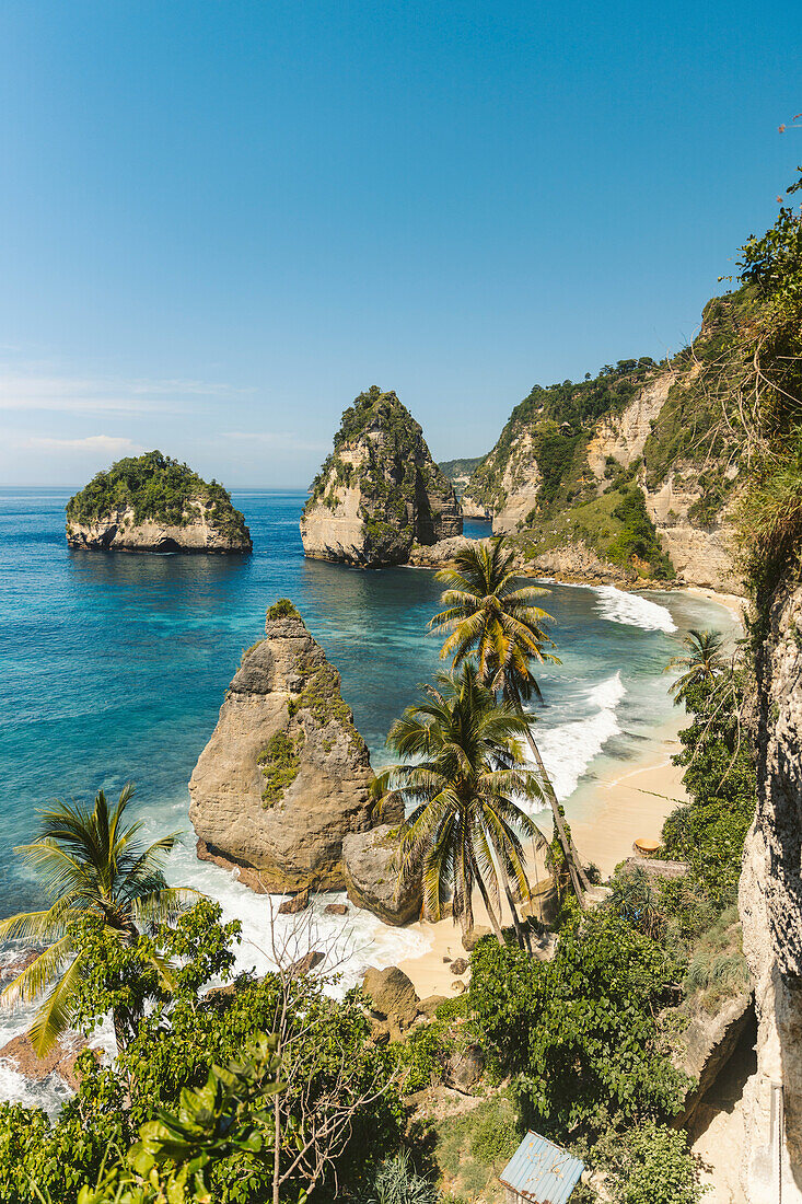 Felsformationen und Küstenlinie von Diamond Beach, Nusa Penida, Bali, Indonesien; Nusa Penida, Bali, Indonesien