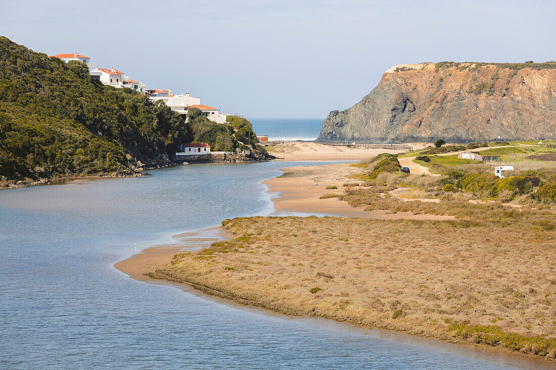 Town along the coastline of Portugal; Praia de Odeceixe, Algarve, Portugal