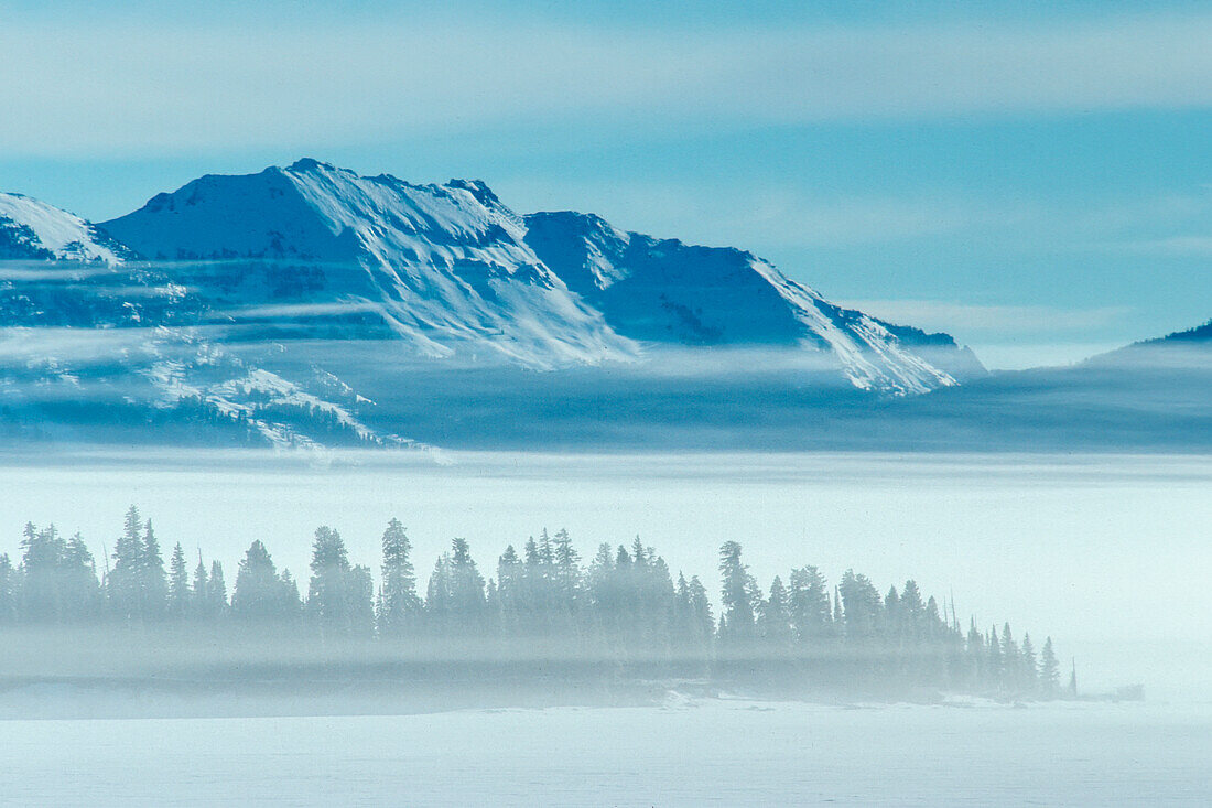 Stevenson Island, benannt nach einem Mitglied der Hayden-Vermessungsgruppe von 1871, ist die zweitgrößte der sieben Inseln im Yellowstone Lake. Es handelt sich um ein niedriges Stück Land, das etwa eine Meile lang ist und hier als Baumreihe im Nebel zu sehen ist. Der Mount Chittenden erhebt sich im Winter zehn Meilen hinter der Insel an der Ostgrenze des Parks, Yellowstone National Park; Wyoming, Vereinigte Staaten von Amerika