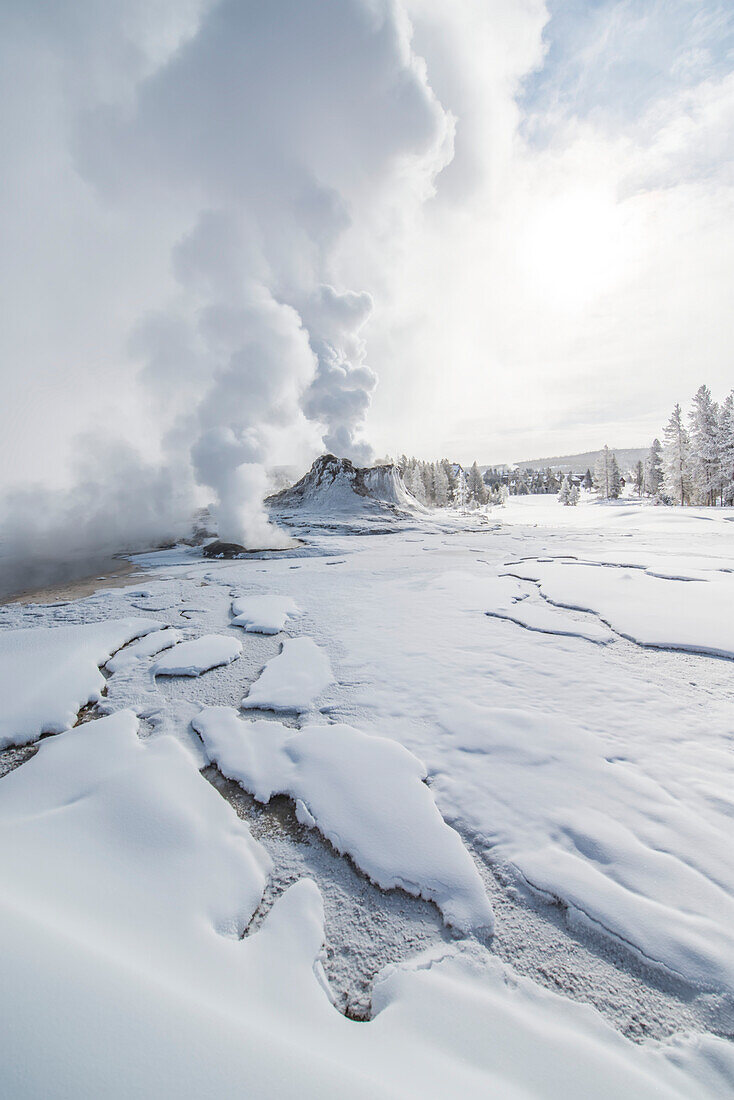Grand Geyser, der aus der Erdkruste ausbricht und über der Winterlandschaft im Yellowstone National Park Thermaldampf in die Luft abgibt; Wyoming, Vereinigte Staaten von Amerika