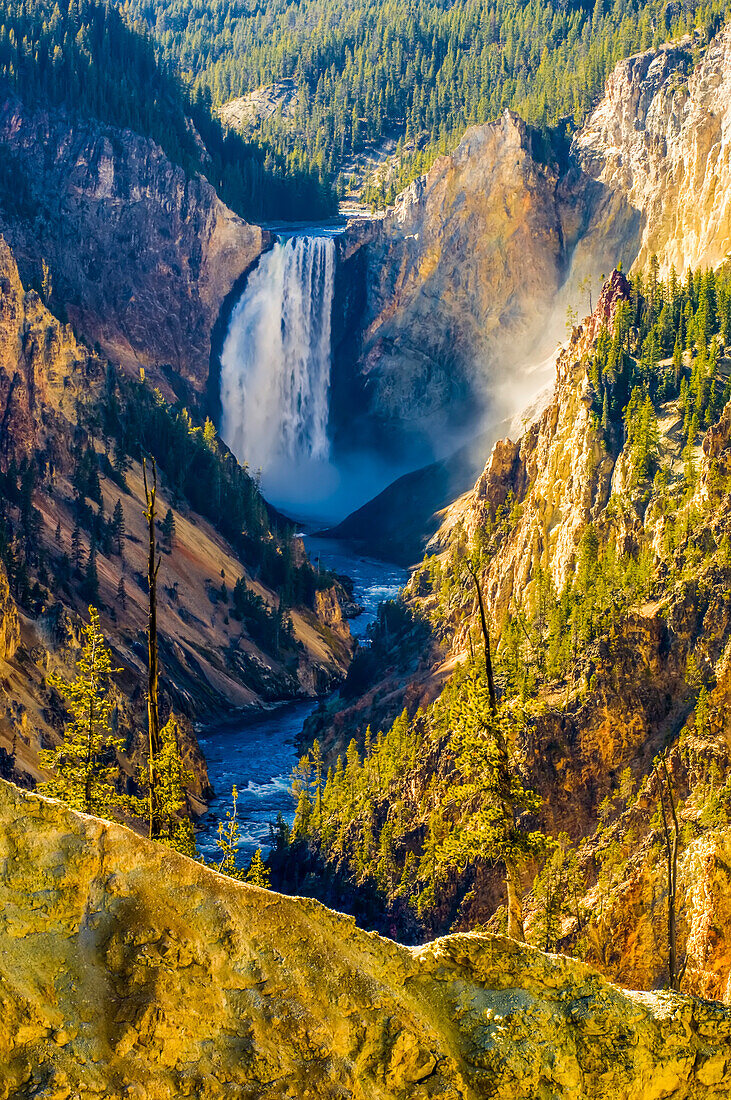 Sunlit sulphuric rock of the cliffs surrounding the Lower Falls of the Yellowstone River in the Grand Canyon of the Yellowstone; Yellowstone National Park, Wyoming, United States of America