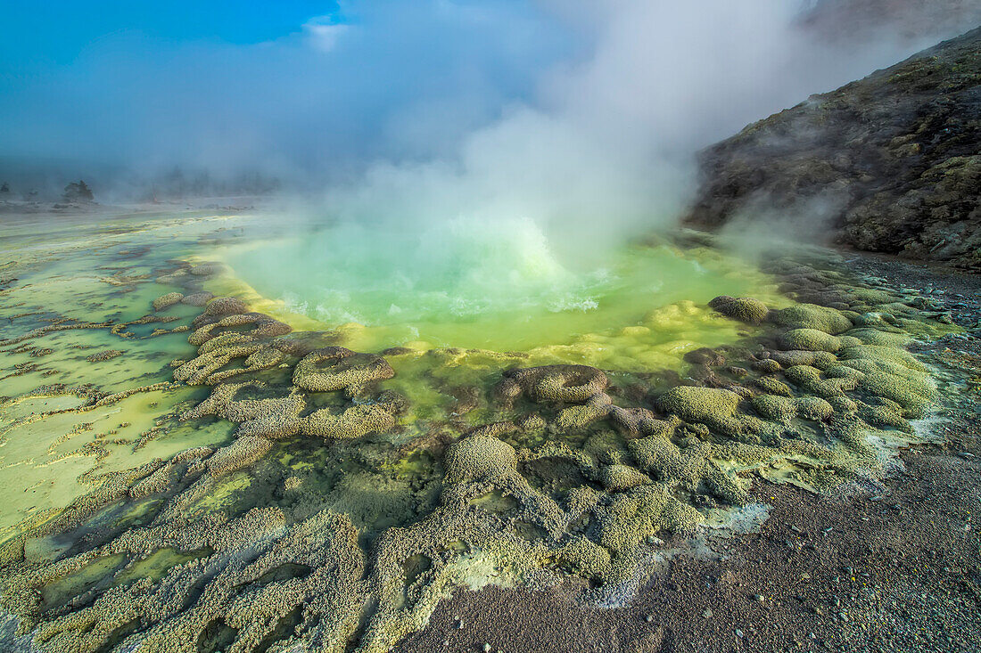 Crater Hills Geyser (Sulphur Sring) with its heated water pool and high content of sulphur creating steamy vapors with green and yellow thermal runoff channels and sinter extensions in the Hayden Valley in Yellowstone National Park; Wyoming, United States of America