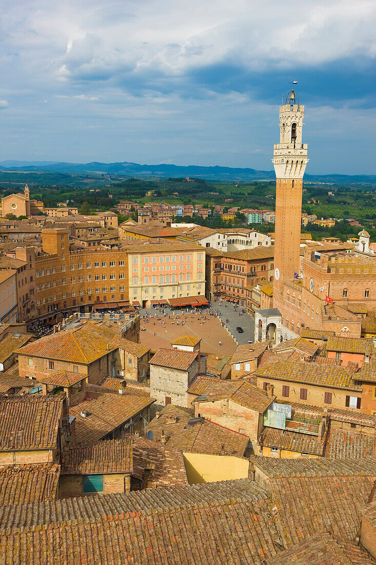 Overview of Piazza Del Campo and the historic center of Siena; Siena, Tuscany, Italy