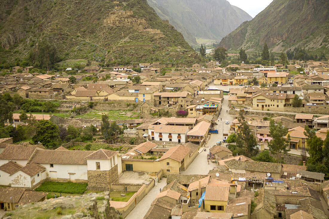 View of the roof tops of the valley village of Ollantaytambo.