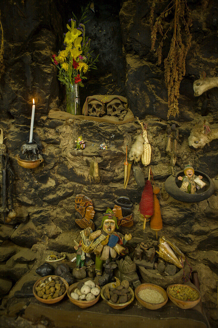 A family altar in a traditional Peruvian home.