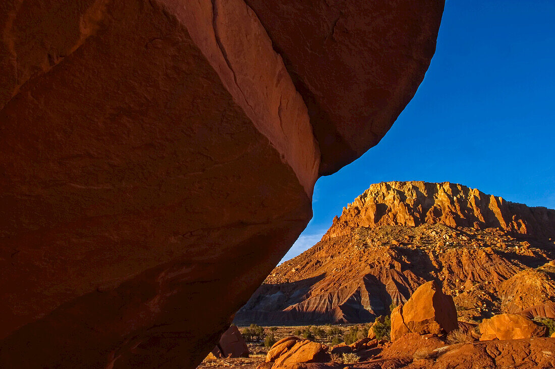 A bright day in a red sandstone canyon in New Mexico.