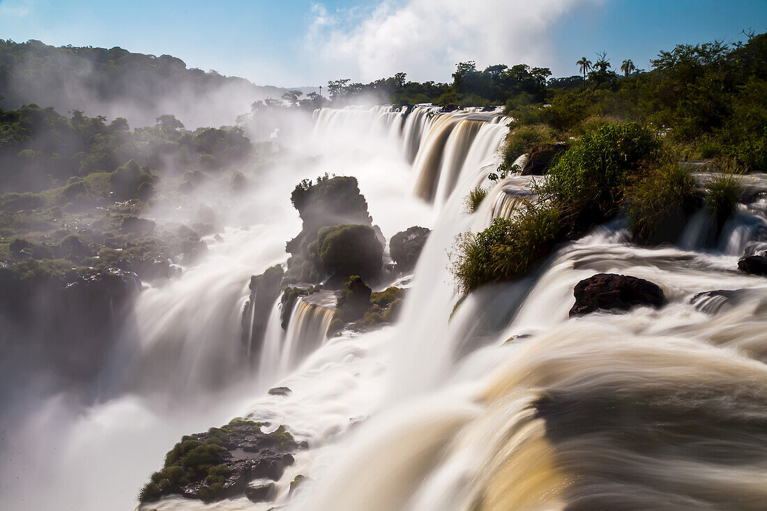 Powerful cascades of water at Iguazu Falls.