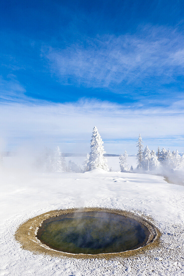 Dampf steigt aus einer heißen Quelle in einer verschneiten Landschaft auf.