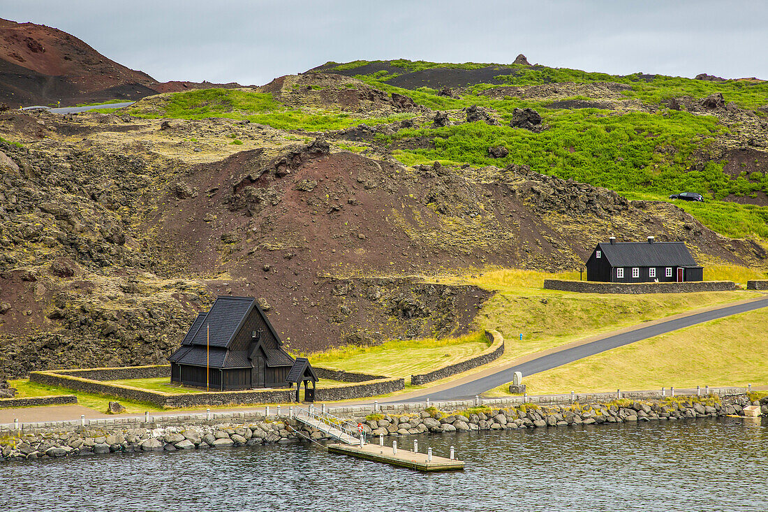 A small stave church in a remote island village.