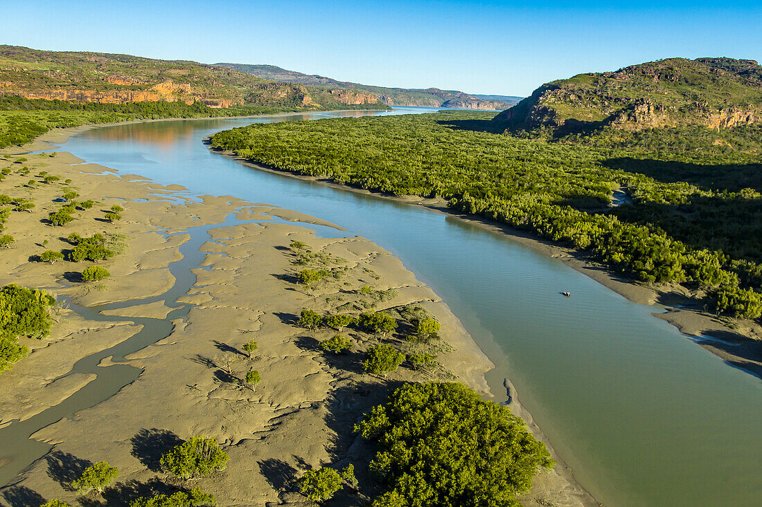 An aerial view of Porosus Creek on the Hunter River in the Kimberley Region of Northwest Australia.