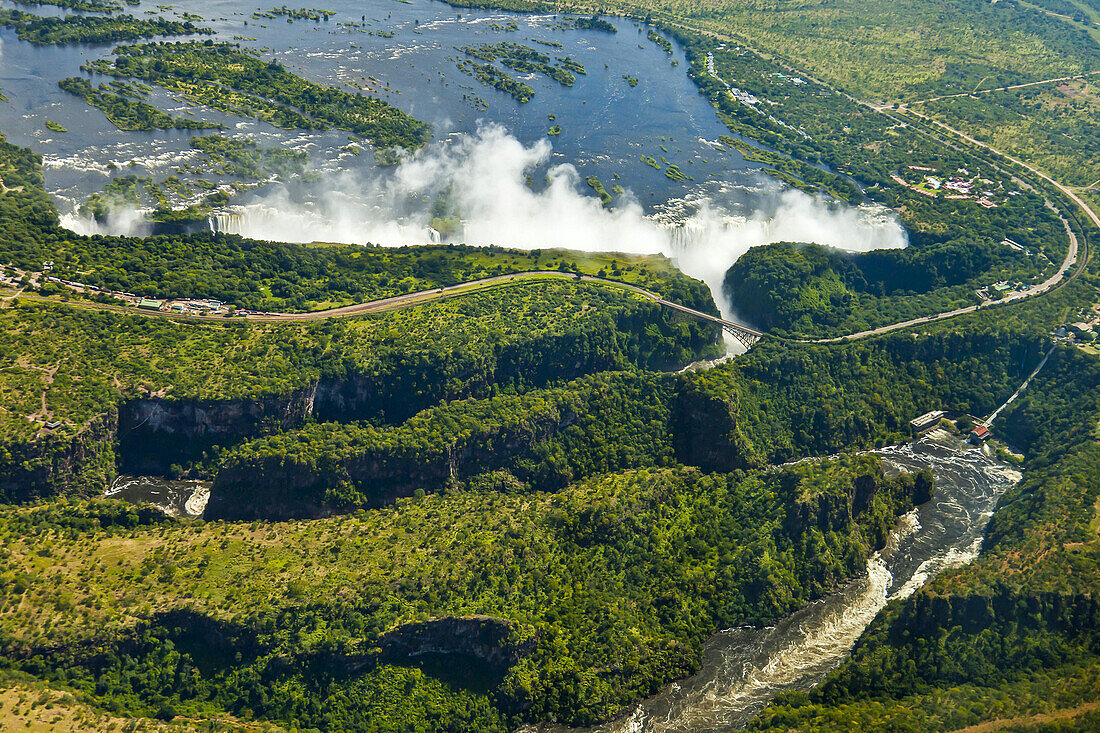 Aerial photo of roadways around Victoria Falls.