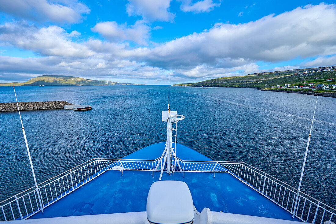View of the bow of the island Ferry MS Norröna from Iceland, driving through the islands of the Faroe Islands, an autonomous Denmark Territory; Faroe Islands