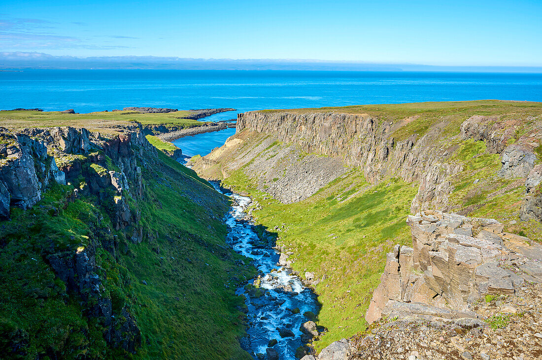 Gljufursarfoss waterfall in summer in the Northern Region; Vopnafjördur, Austurland, Iceland
