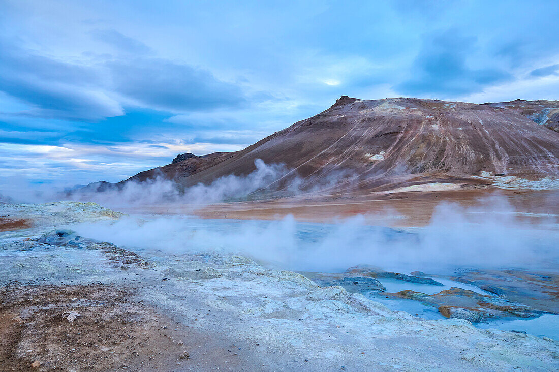 Mud pot and fumarole landscape in the Thermal Area of Namafjall in the Myvatn Region in the Northern Region of Iceland; Namafjall, Nordurland Vestra, Iceland