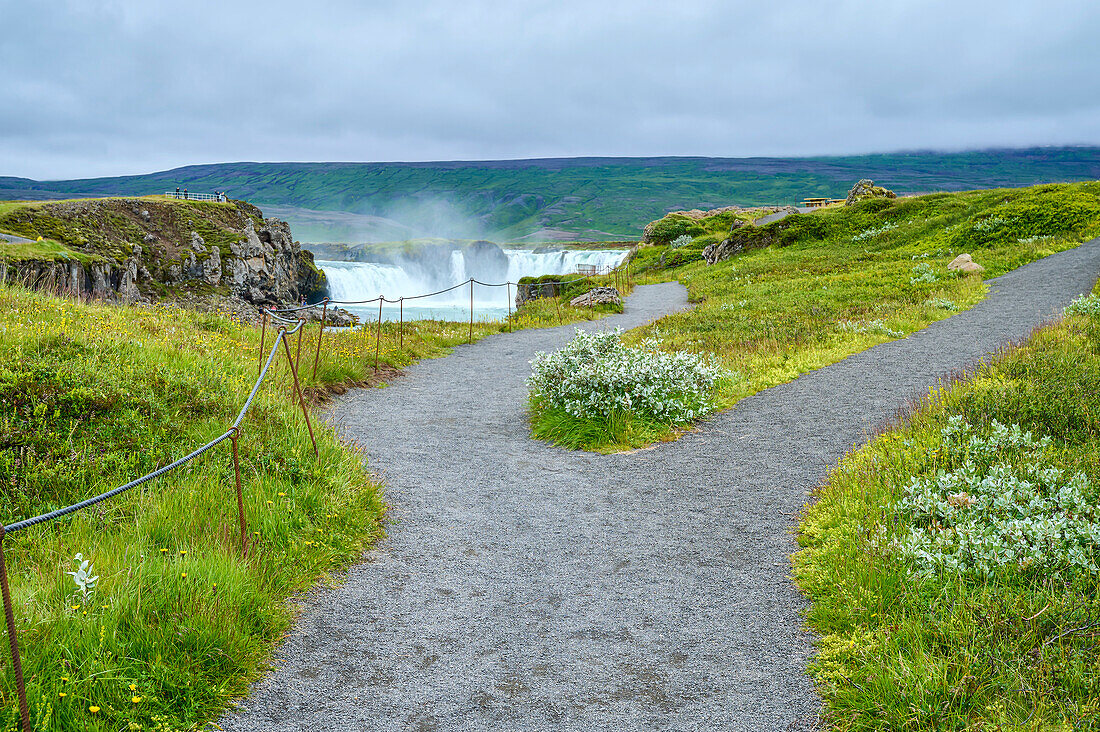 Forked footpath to Godafoss Waterfall of the Skjálfandafljót River; Fossholl, Nordurland Eystra, Iceland