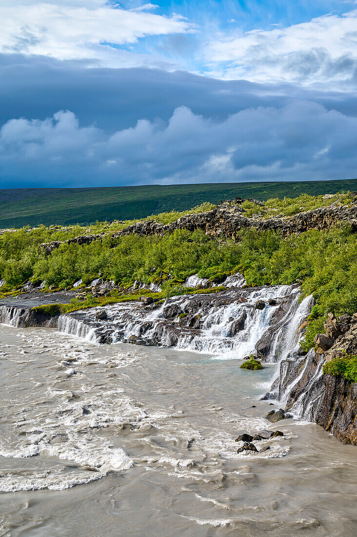 Hraunfossar Waterfall with Hvita River in summer; Borgarnes, Vesturland, Iceland