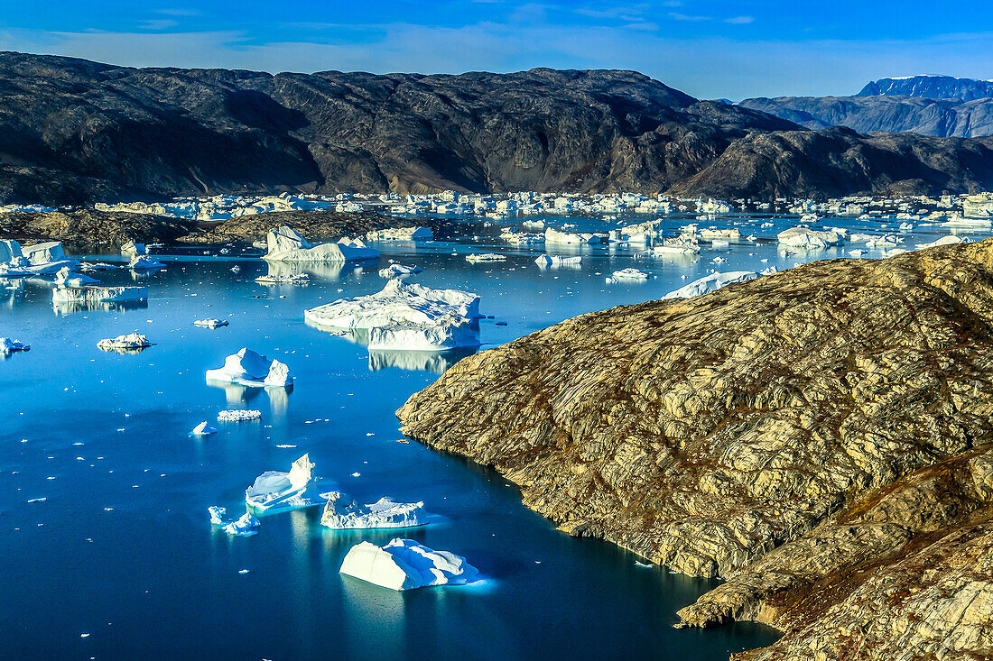 Aerial of icebergs in Sermilik Fjord.