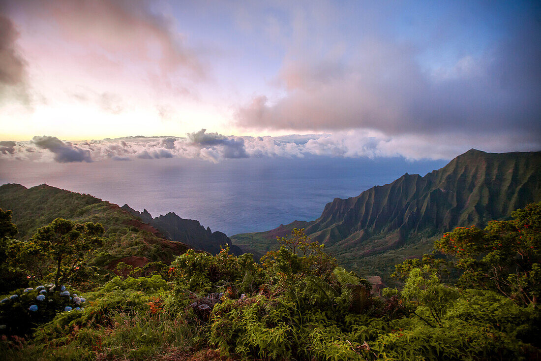 Scenic overview of the Kalalau Valley at sunset; Kauai, Hawaii, United States of America