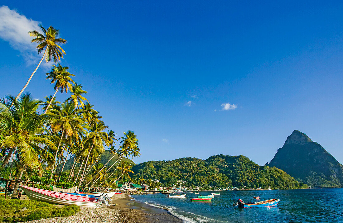 Soufriere beach and the peak of Petit Piton (on the right), St Lucia.; La Soufriere, on the southwest coast of St Lucia, in the Caribbean
