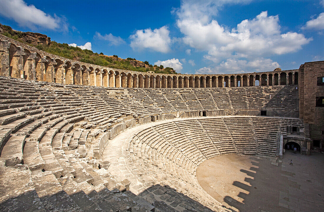 The terraces of the Aspendos Roman theatre, near Antalya, Turkey.; The Roman theatre at Aspendos, east of Antalya, on the Mediterranean coast of Anatolia, Turkey.
