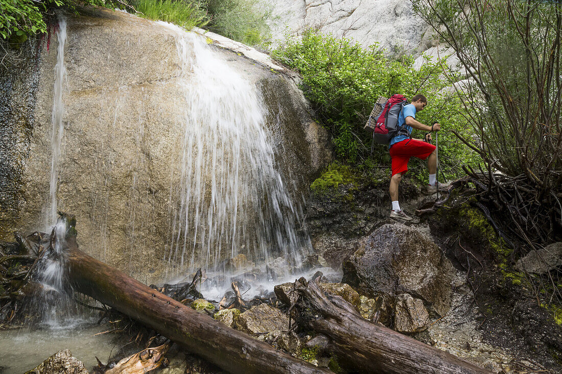 A climber on the difficult approach to climb Mount Whitney.