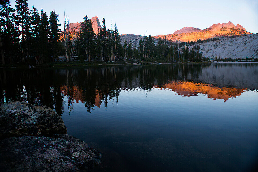 Alpenglow at sunset on Cathedral Peak in Tuolumne Meadows.