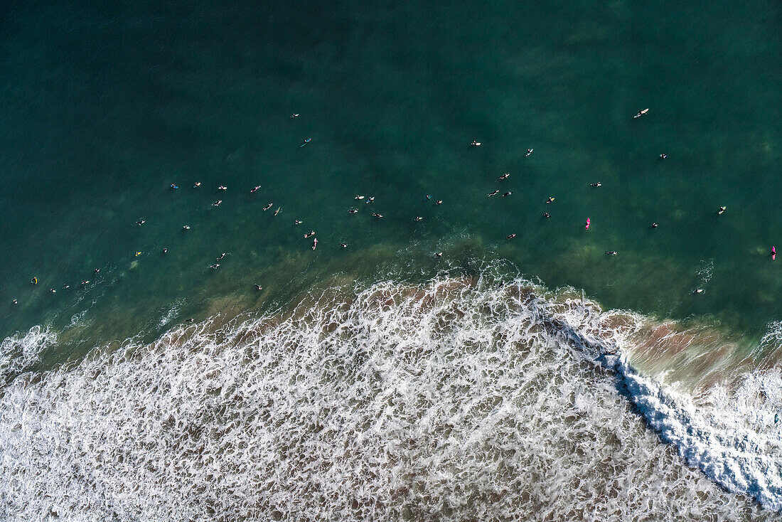 Aerial view of surfers paddling out to sea at Rincon Point; Carpinteria, California, United States of America