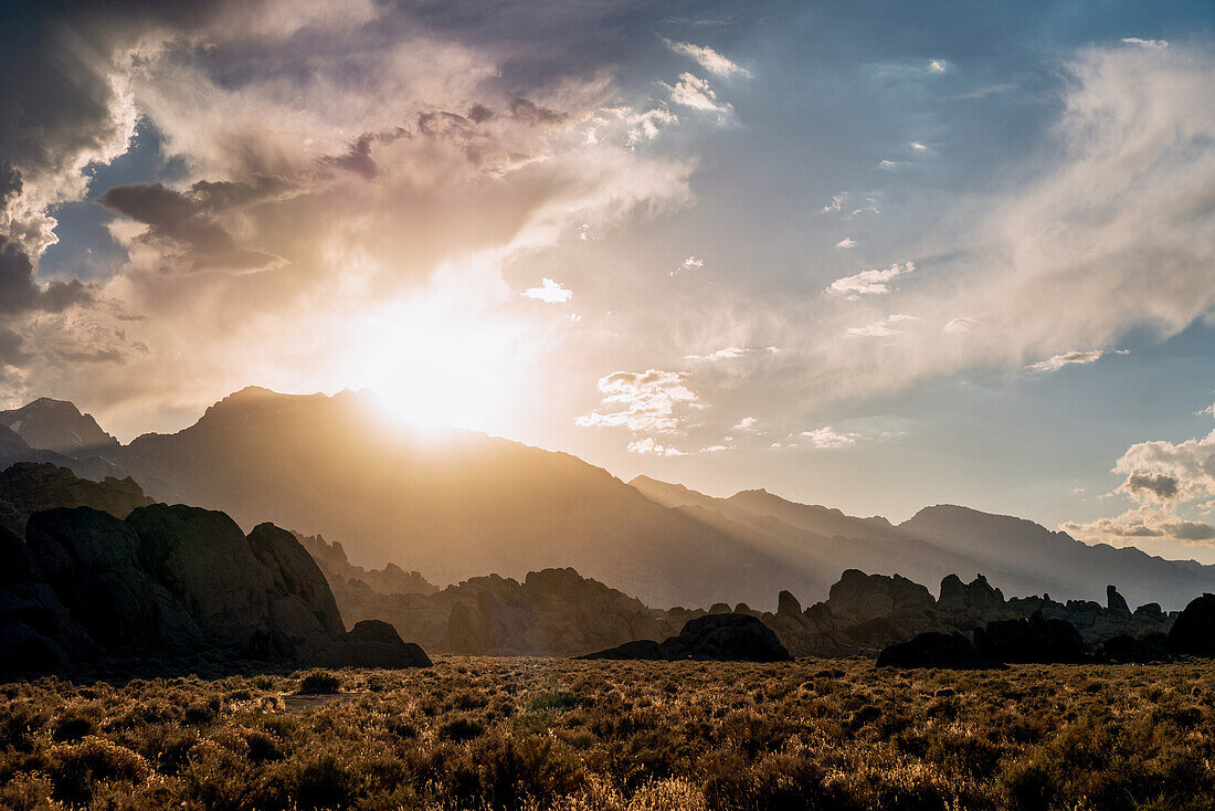Sunset in the Alabama Hills showing the Sierra Madre Mountains; Lone Pine, California, United States of America