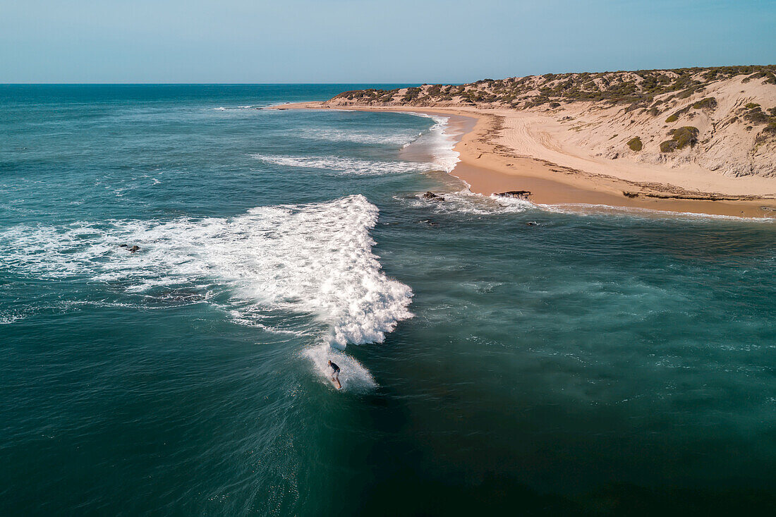 A surfer riding the waves on the East Cape of the Baja Peninsula; Cabo San Lucas, Baja California Sur, Mexico