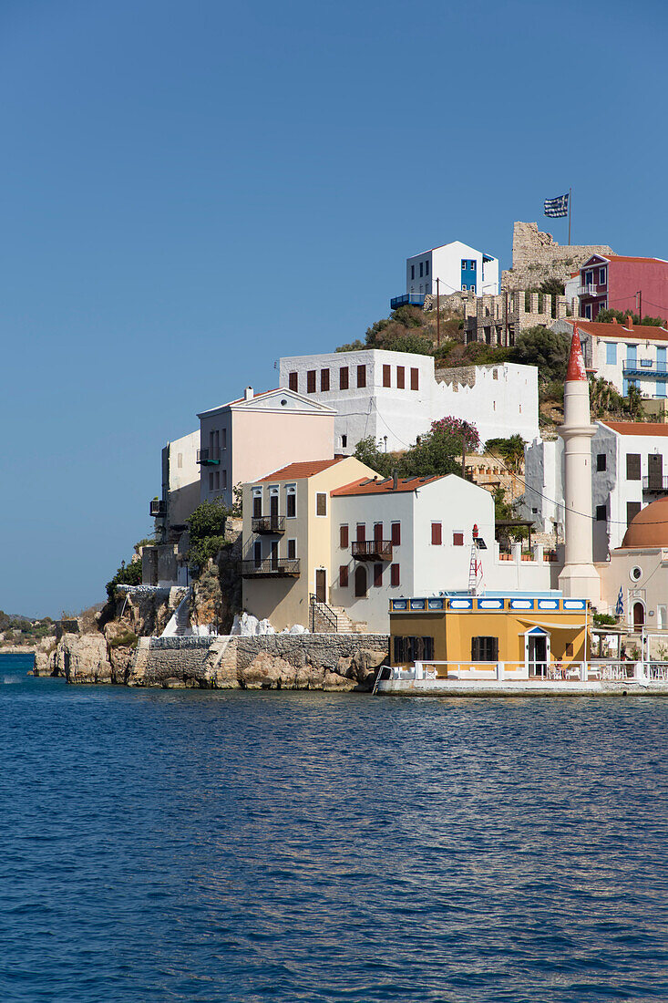 Buildings at harbor entrance of the historical island of Kastellorizo (Megisti) Island; Dodecanese Island Group, Greece