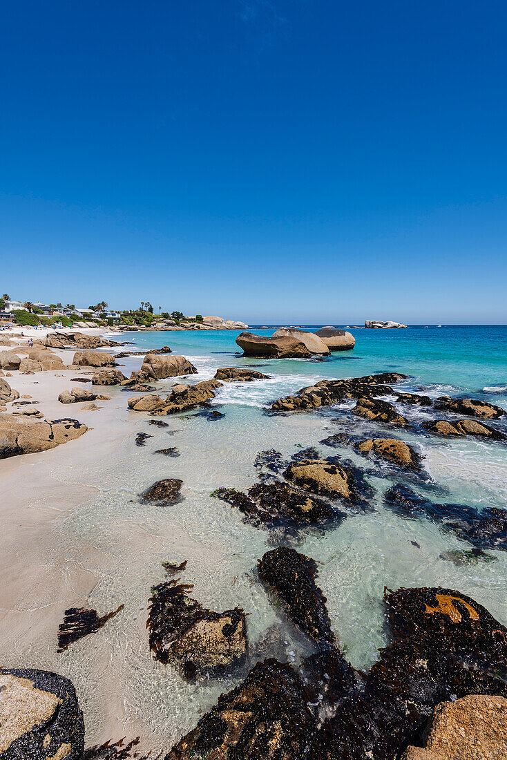 Rocky shore with large boulders and beachfront homes along the Atlantic Ocean at Clifton Beach; Cape Town, Western Cape, South Africa