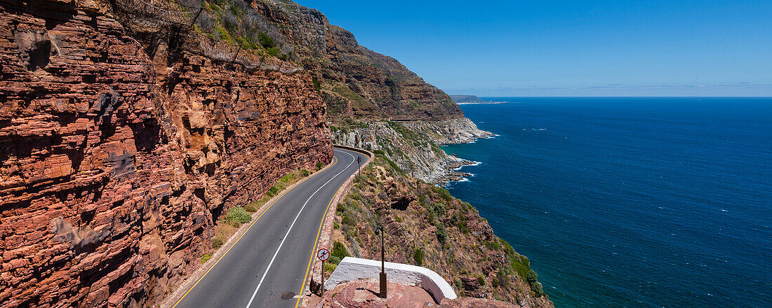 Coastal road, Chapman's Peak Drive, along the shoreline of the Atlantic Ocean on the western side of the Cape Peninsula; Cape Town, Western Cape, South Africa