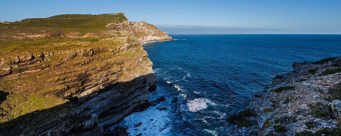 View overlooking the Atlantic Ocean from the rugged coastline above Diaz Beach at Cape Point; Cape Town, Western Cape, South Africa
