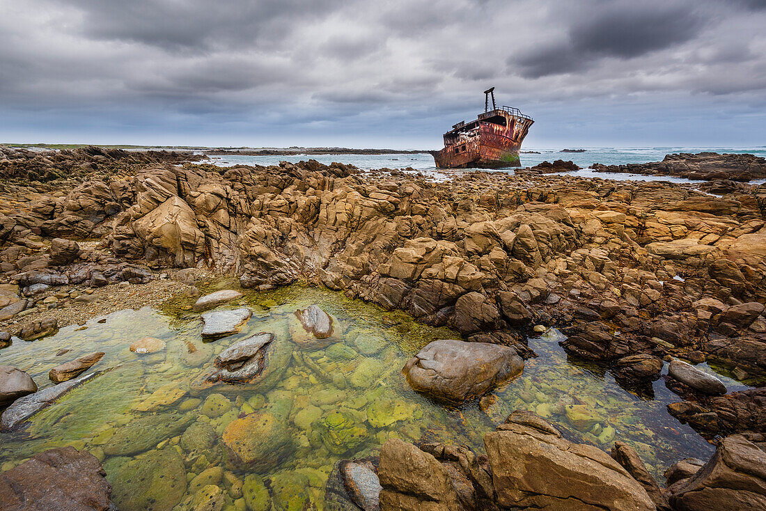 Shipwreck of the Meisho Maru No. 38 on the beach at Cape Agulhas in Agulhas National Park; Western Cape, South Africa